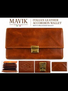 MAVIK Italian Leather Accordion Wallet Clutch Cognac Brown Organizer